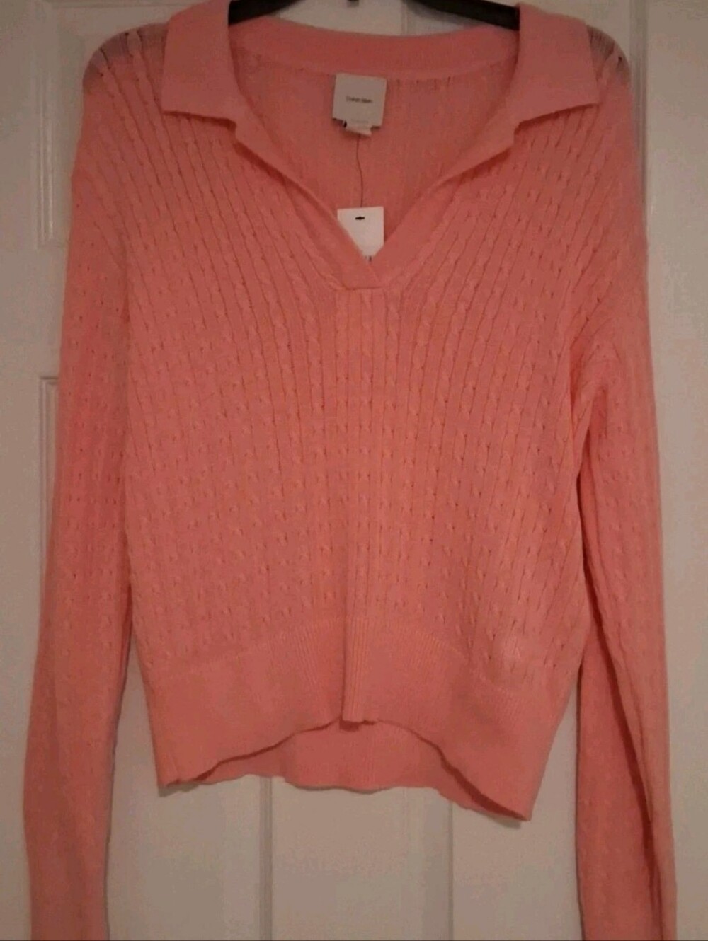 *Calvin Klein* Womens Thin Knit Sweater Size Medium  Pink Collared Vneck Unlined